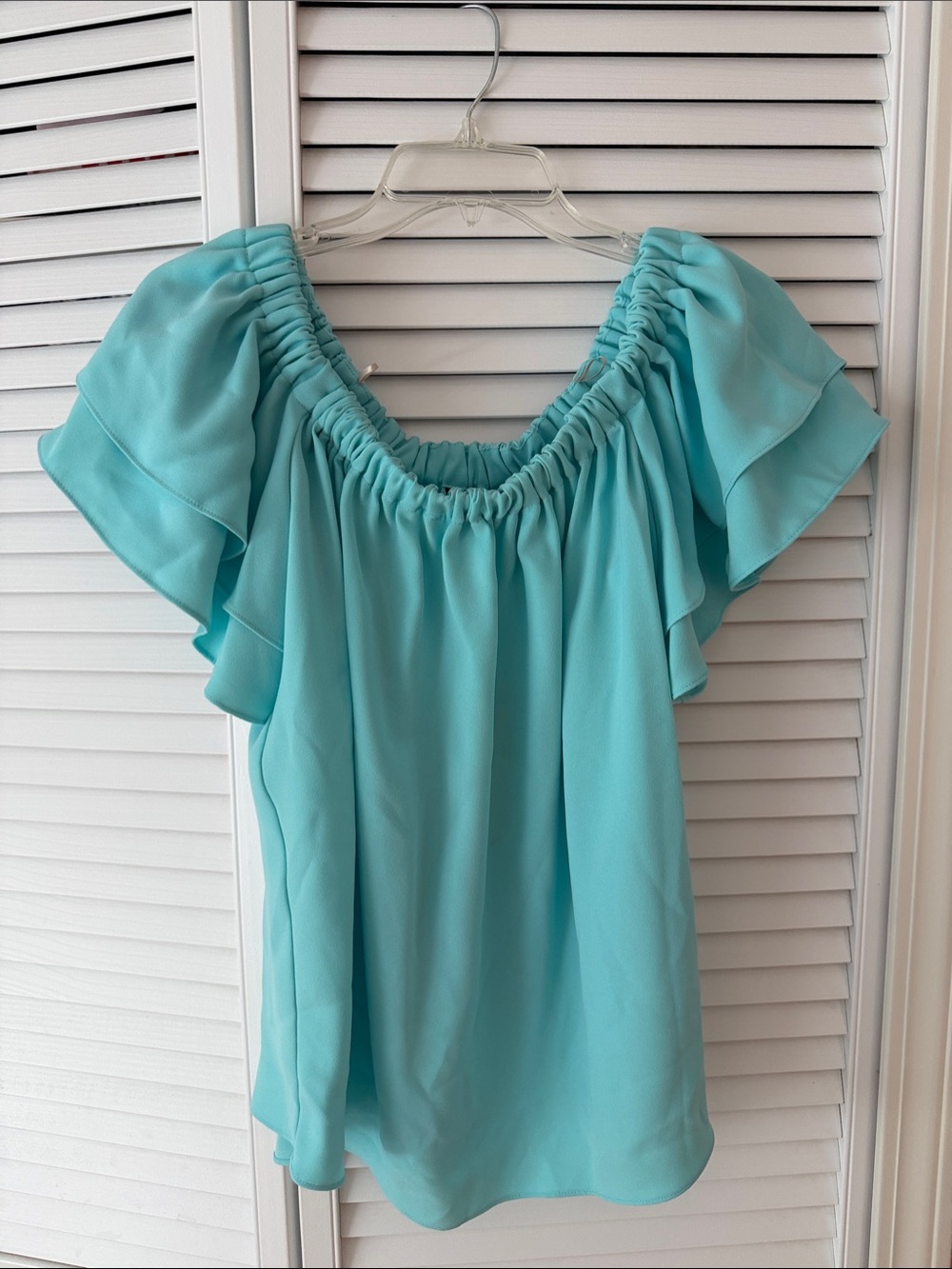 Trina Turk Aqua Off-Shoulder Ruffle Blouse